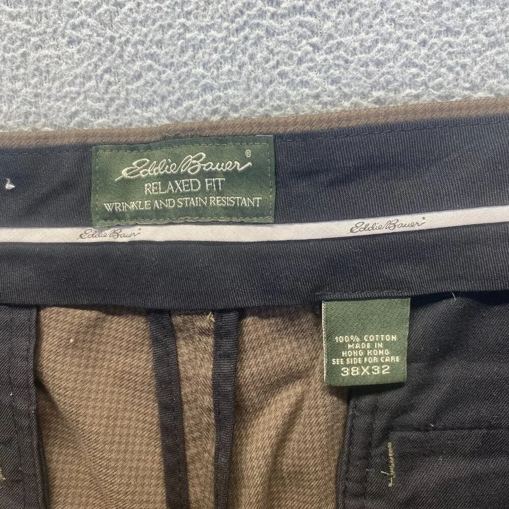 Eddie Bauer Brown Dress Pants Men's Size 38X32 Relaxed Fit,Flat Front,100% Cotto